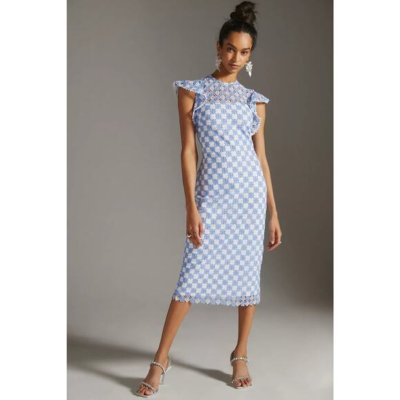 Shoshanna Dresses & Skirts - SHOSHANNA Rachel Ruffle Lace Midi Dress Size 12 Blue & White Wedding Guest